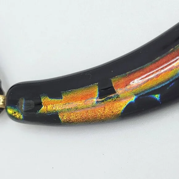Curved Dichroic Fused Glass Pendant Gauze Double Strand Necklace 17" Signed TB - Picture 7 of 12